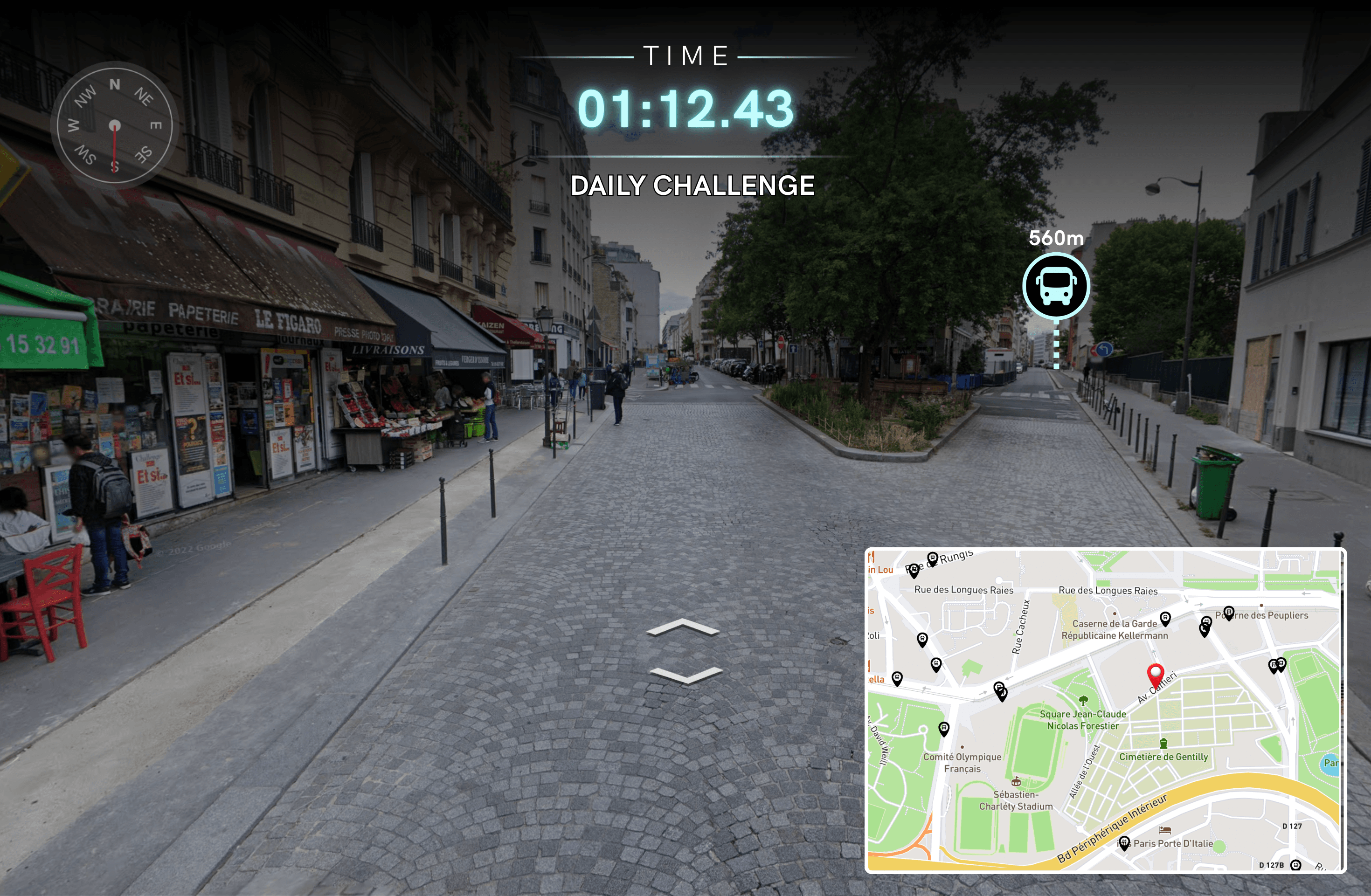 CityHoppr: street-level view with timer, compass, and mini-map